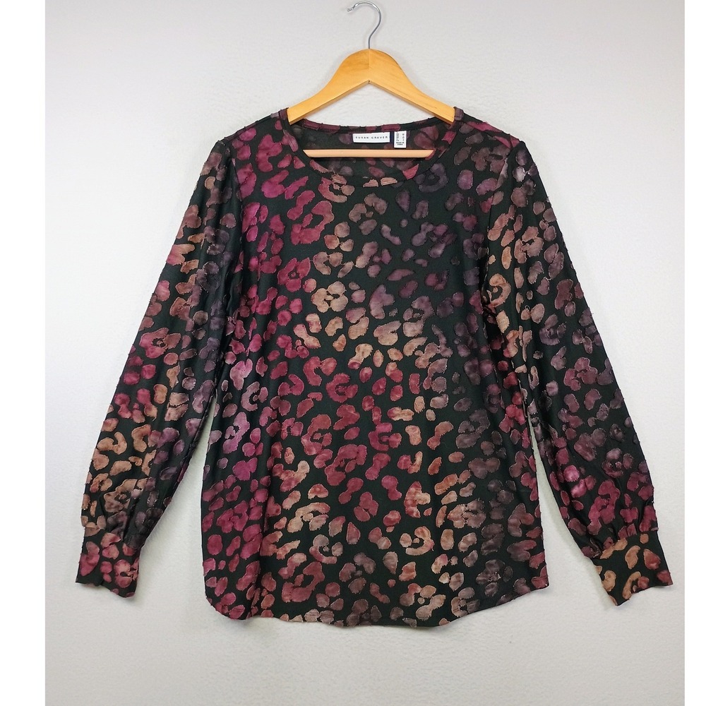 Mob Wife Dark Romance Susan Graver Womens Medium Burgundy Burnout Leopard Blouse